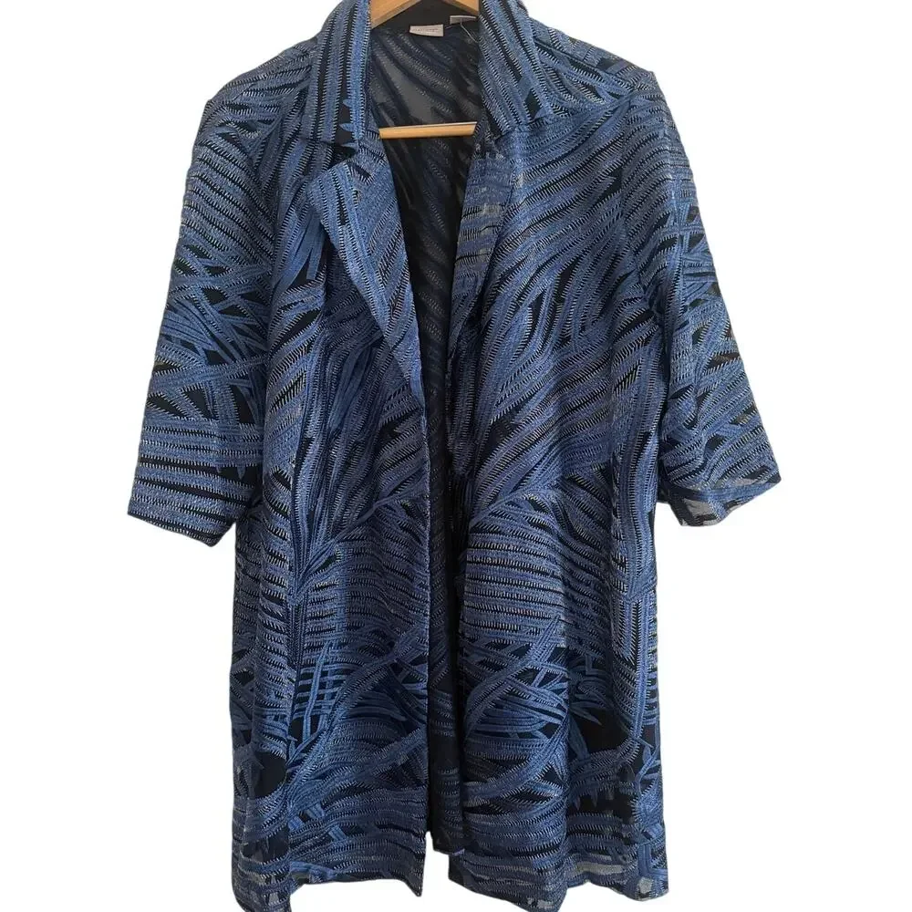 CHICO'S TRAVELERS Blue Whimsy Mesh Stripe Embroidered 3/4 Sleeve Jacket 4 26/28